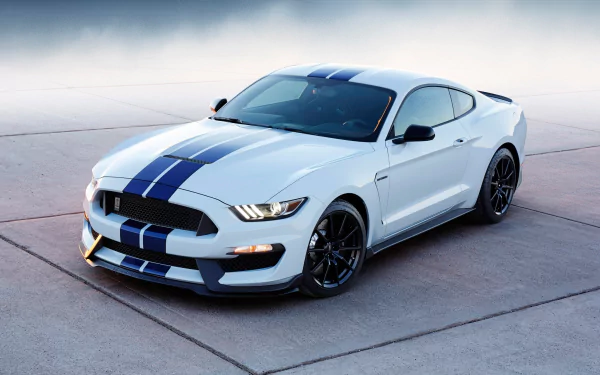 White Ford Mustang Shelby GT350 muscle car with blue racing stripes parked on concrete, featured as an HD PC desktop wallpaper and background.