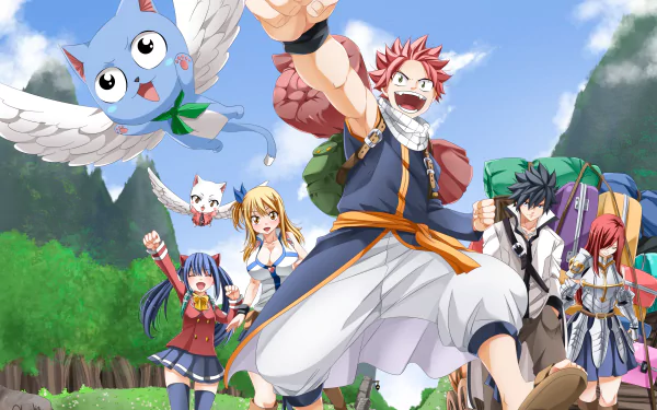An HD desktop wallpaper featuring Fairy Tail characters Natsu Dragneel, Lucy Heartfilia, Gray Fullbuster, Erza Scarlet, Wendy Marvell, and their companions Happy and Charles in a cheerful outdoor setting.
