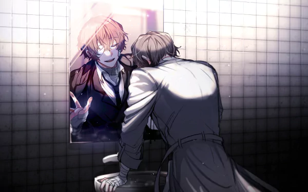 HD desktop wallpaper featuring Osamu Dazai from the anime Bungou Stray Dogs. The character appears distressed, leaning over a sink with a reflection of him smiling eerily in the mirror.