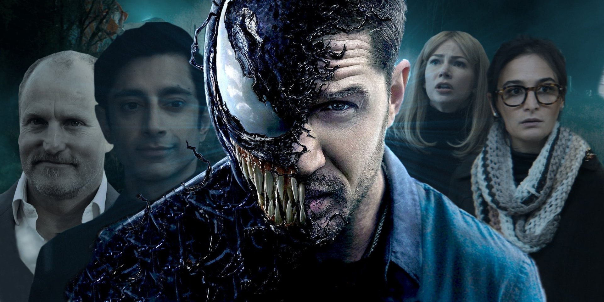 HD desktop wallpaper featuring Venom and Tom Hardy with supporting characters in the background.