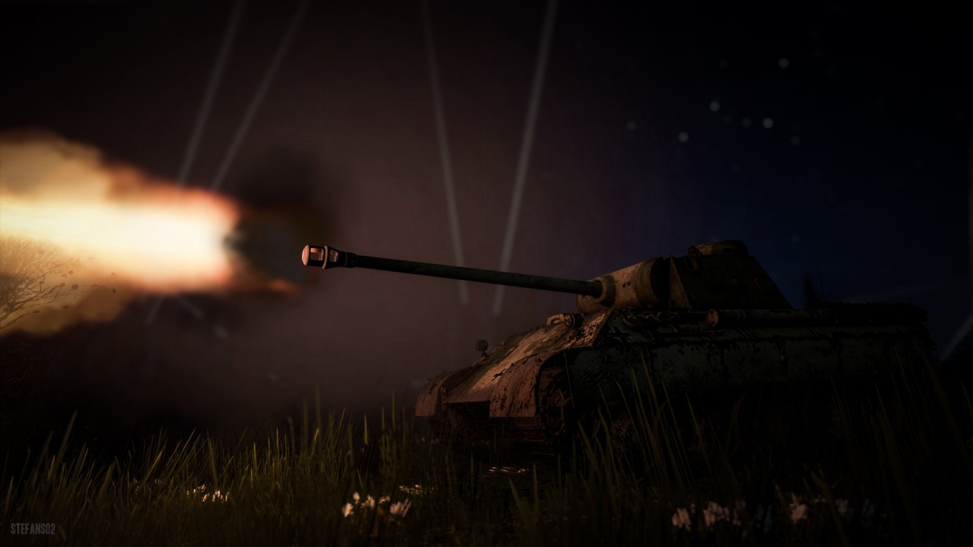 Panzerkampfwagen V Panther tank firing across a moonlit field at night, muzzle flash lighting grass and flowers — War Thunder video game 8K Ultra HD PC desktop wallpaper background.