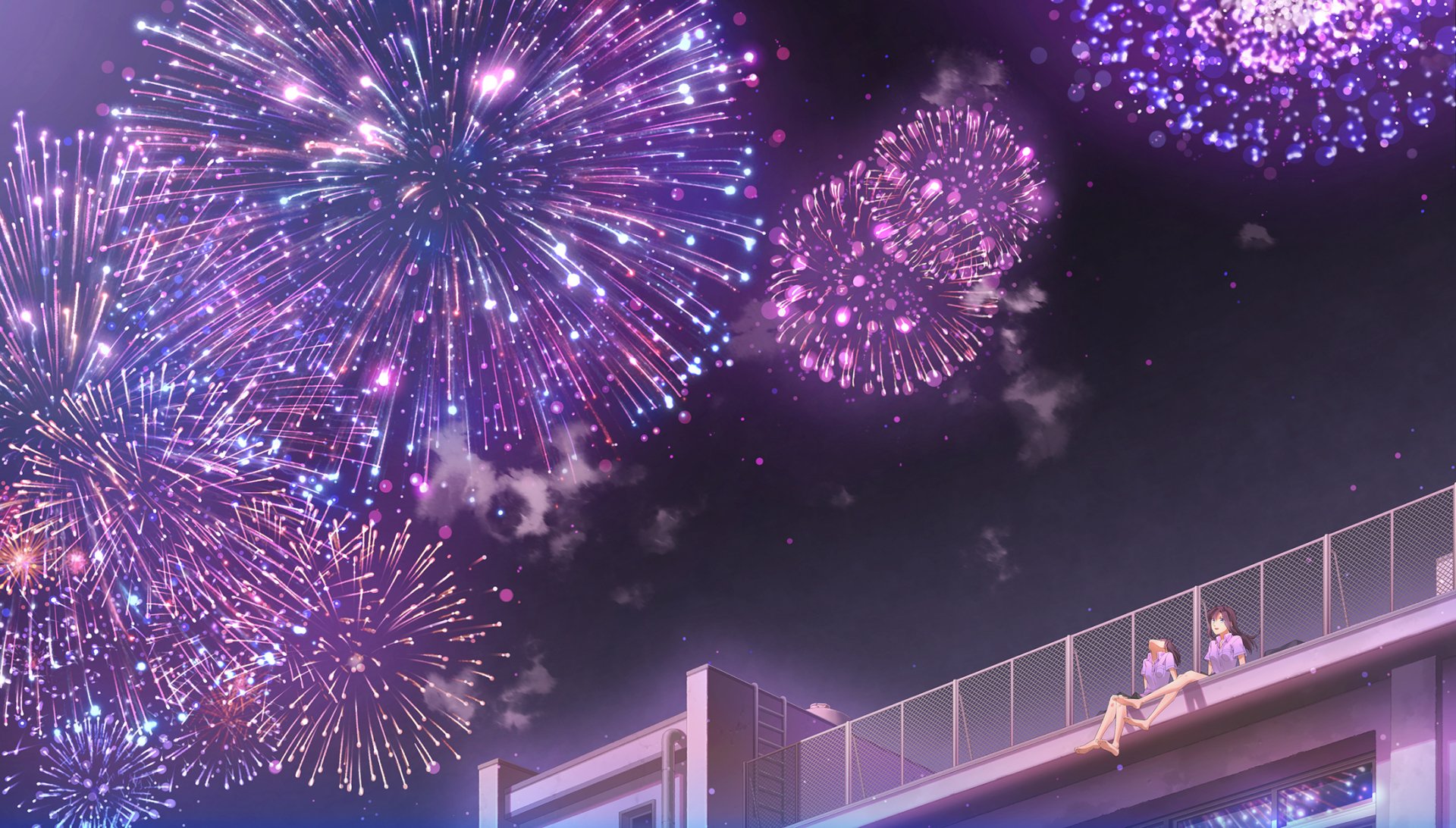 Anime-style HD desktop wallpaper featuring two characters with short and long brown hair watching vibrant purple fireworks in the night sky from a rooftop.