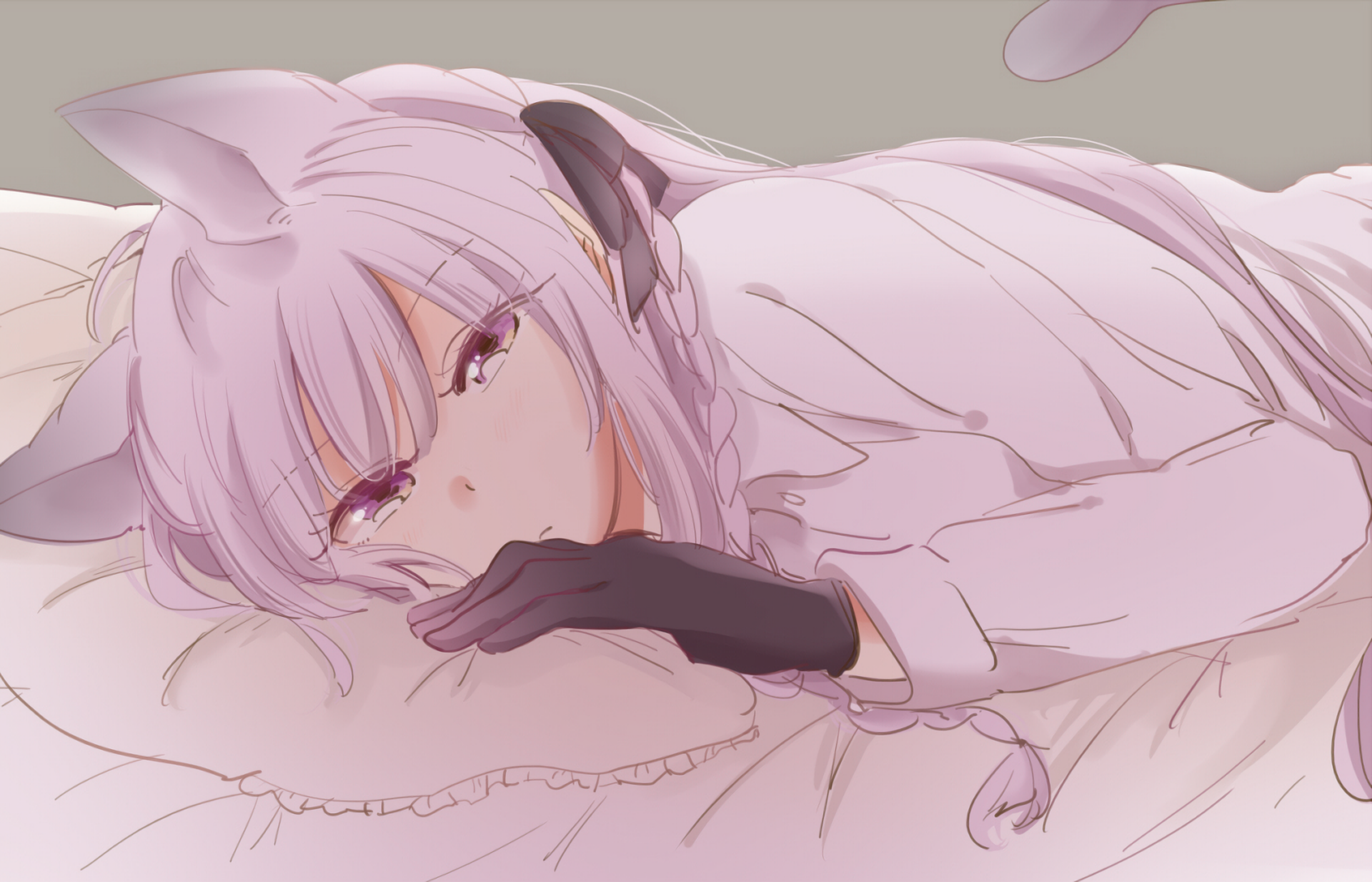 HD PC wallpaper of Kyōko Kirigiri (Danganronpa anime) reclining on a pillow in pastel tones, lavender hair, gloved hand near her face.