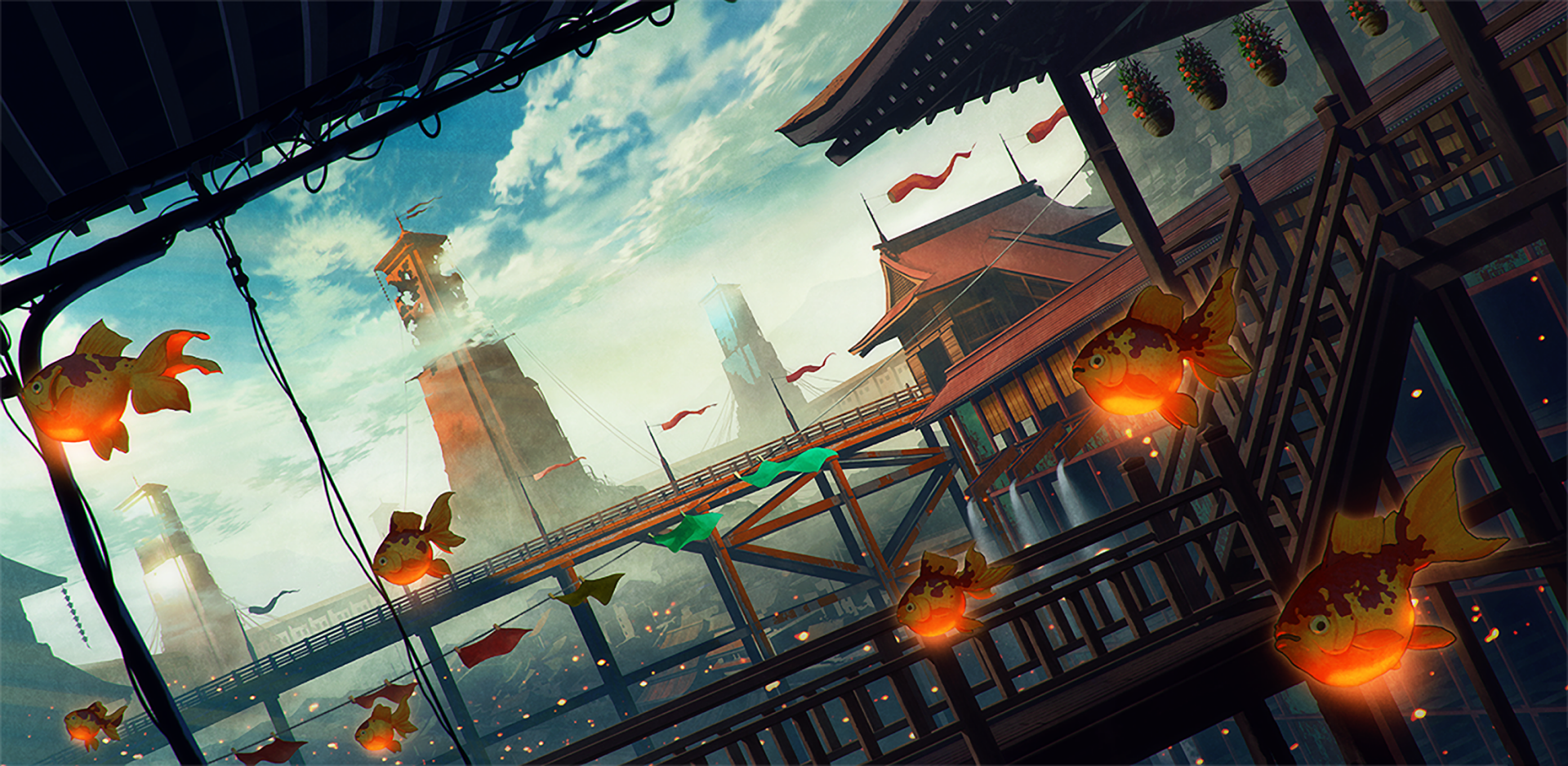 A stunning anime-inspired cityscape wallpaper featuring vibrant goldfish swimming through the air, under a dynamic sky filled with clouds and traditional architecture.