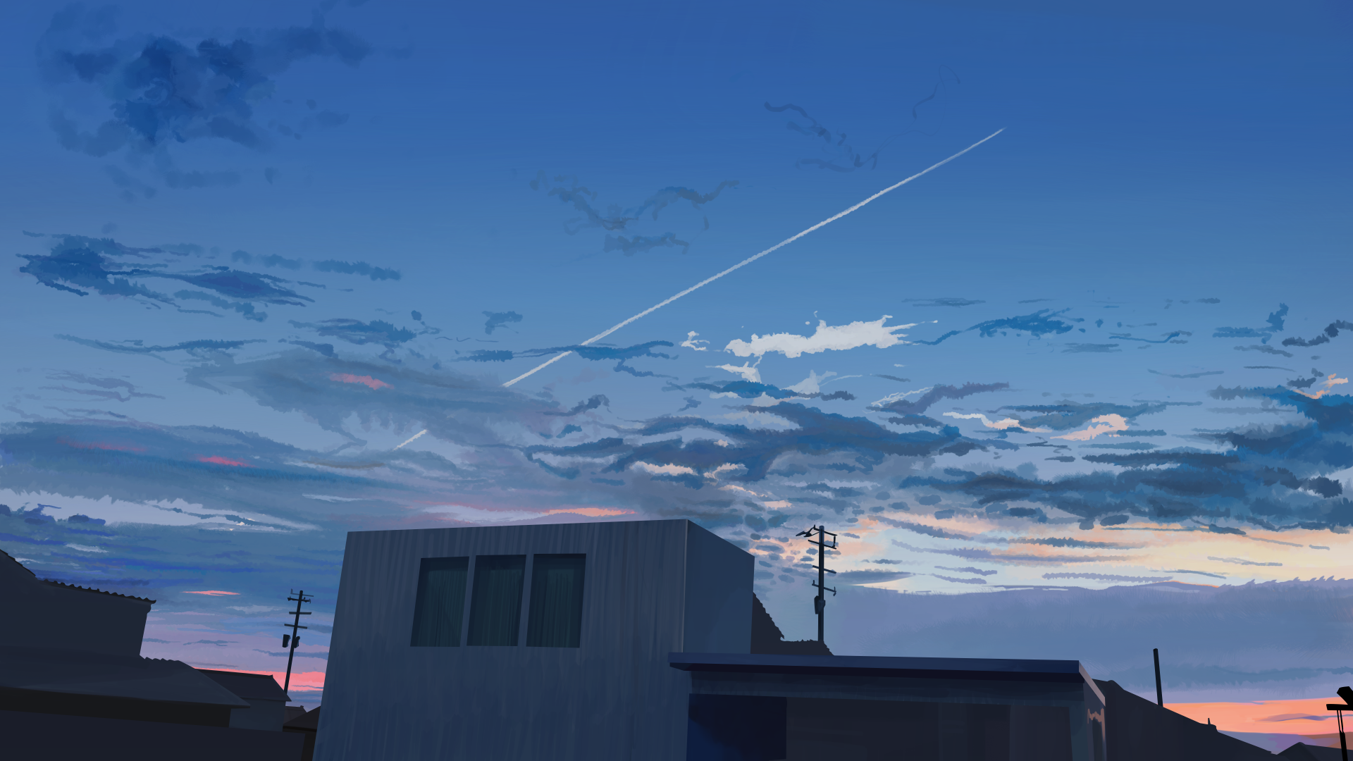 HD anime-inspired wallpaper featuring a serene sky with scattered clouds and a streaking contrail above modern buildings at dawn or dusk.