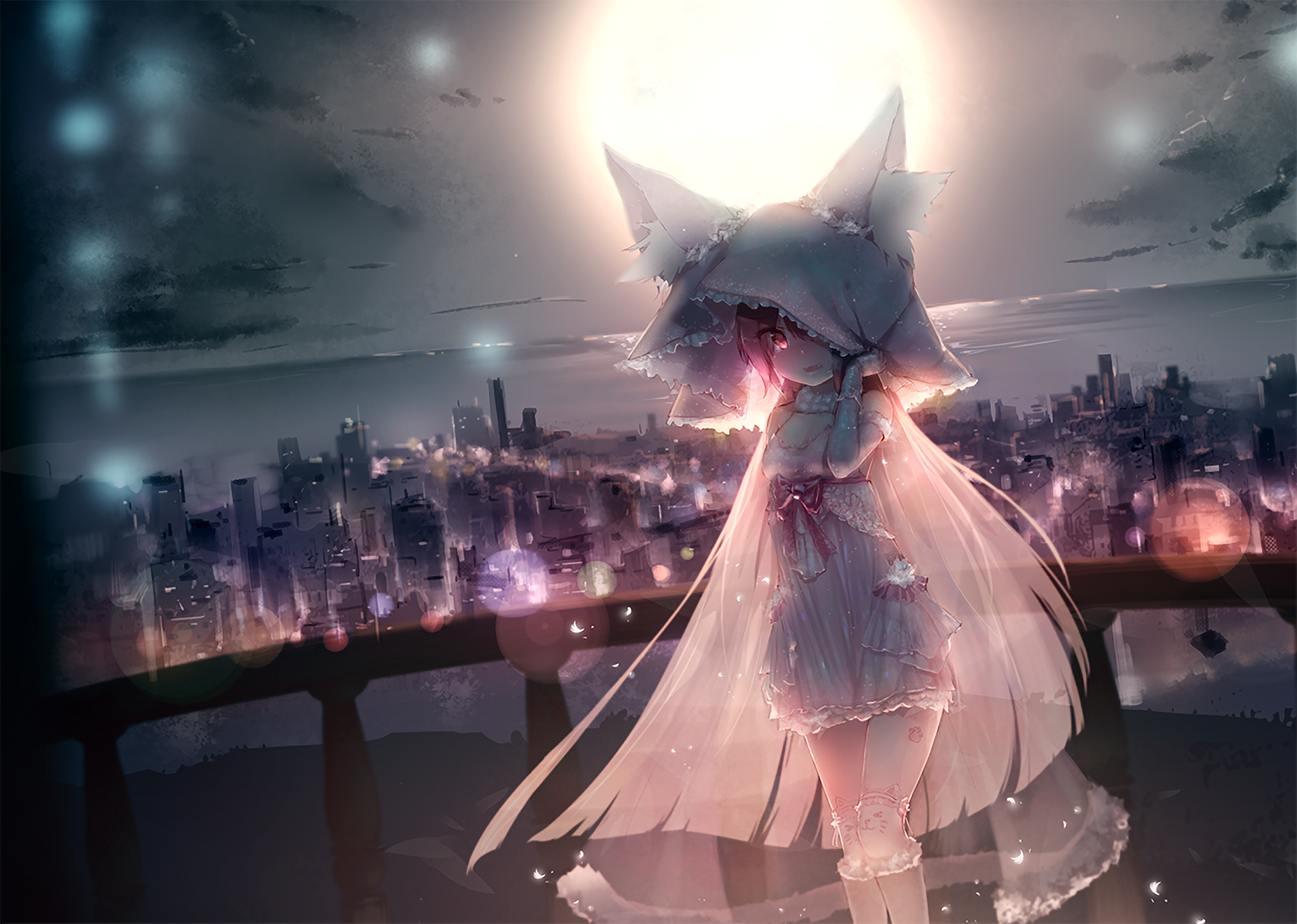 Anime-style HD desktop wallpaper featuring an original character in a flowing outfit, standing on a balcony overlooking a cityscape illuminated by soft, magical lighting under a glowing full moon.