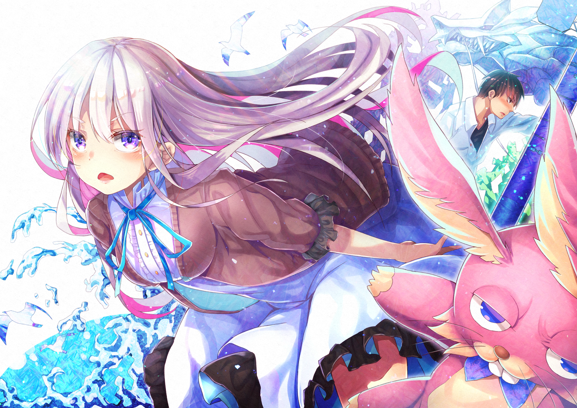 HD anime-style original desktop wallpaper featuring a girl with long silver hair, vibrant eyes, and a large pink creature with bunny ears in a dynamic, colorful scene.