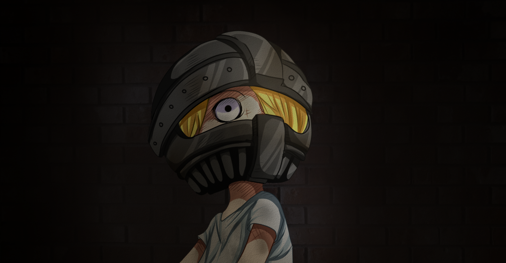 HD anime desktop wallpaper featuring Sanji from One Piece wearing a dark, medieval-style helmet against a dimly lit brick wall background.