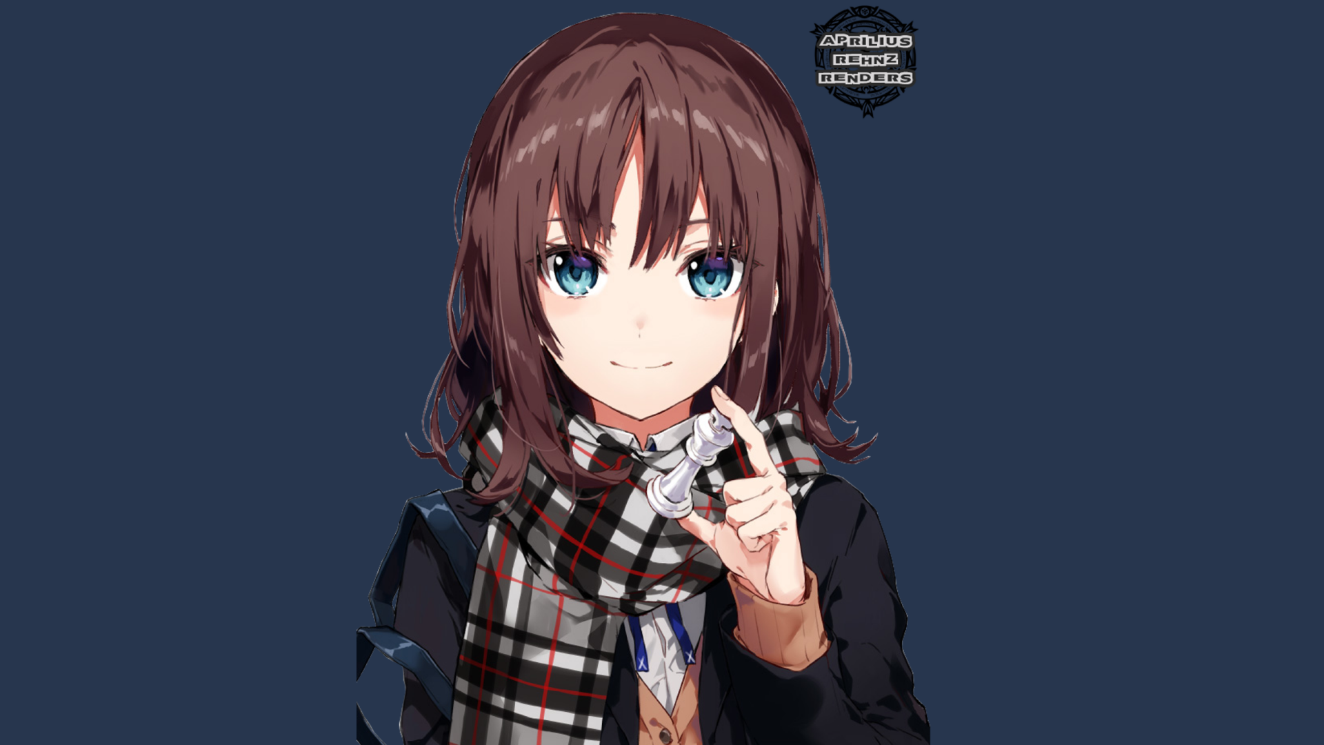 HD desktop wallpaper featuring an anime girl with brown hair, blue eyes, and a checkered scarf against a dark background.