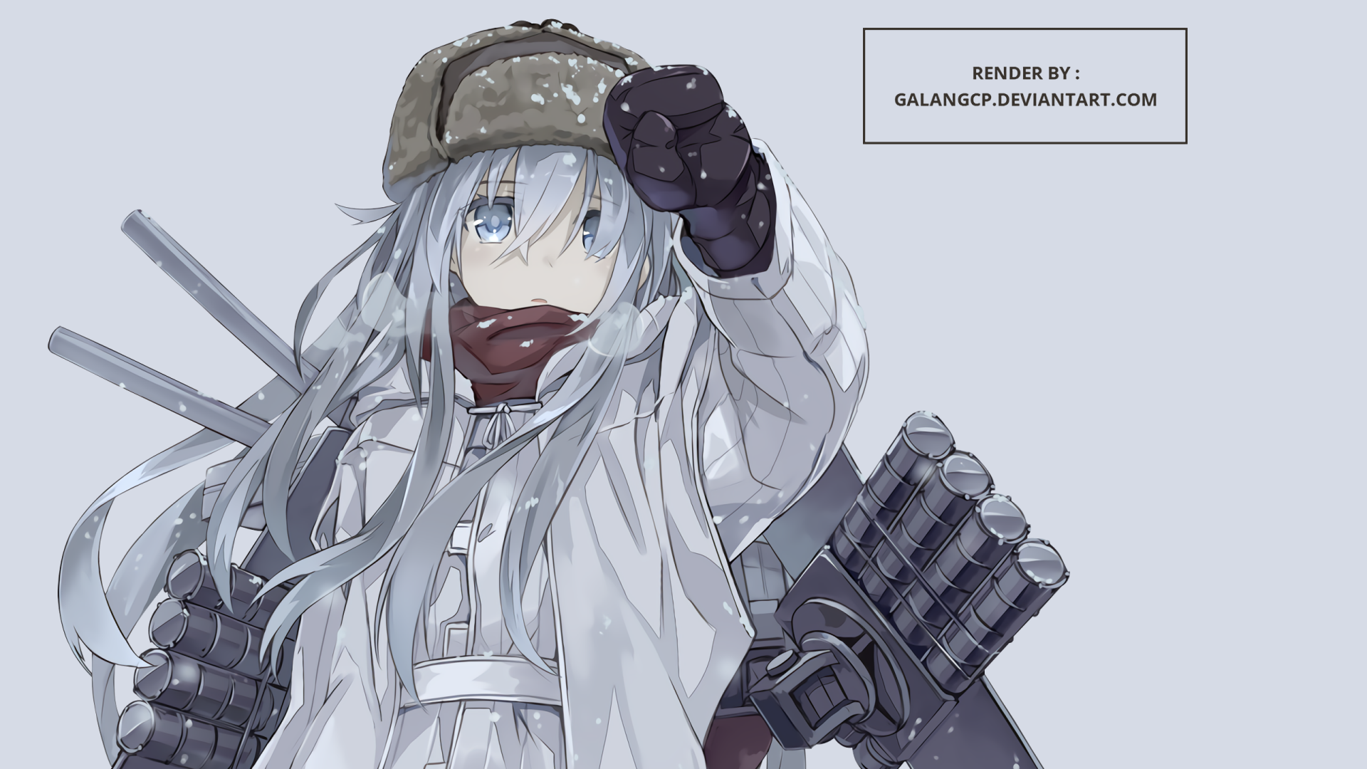 Hibiki (Kancolle) — anime Kantai Collection 2K Quad HD PC desktop wallpaper: winter-clad Hibiki saluting, outfitted with ship armaments on a pale blue background.