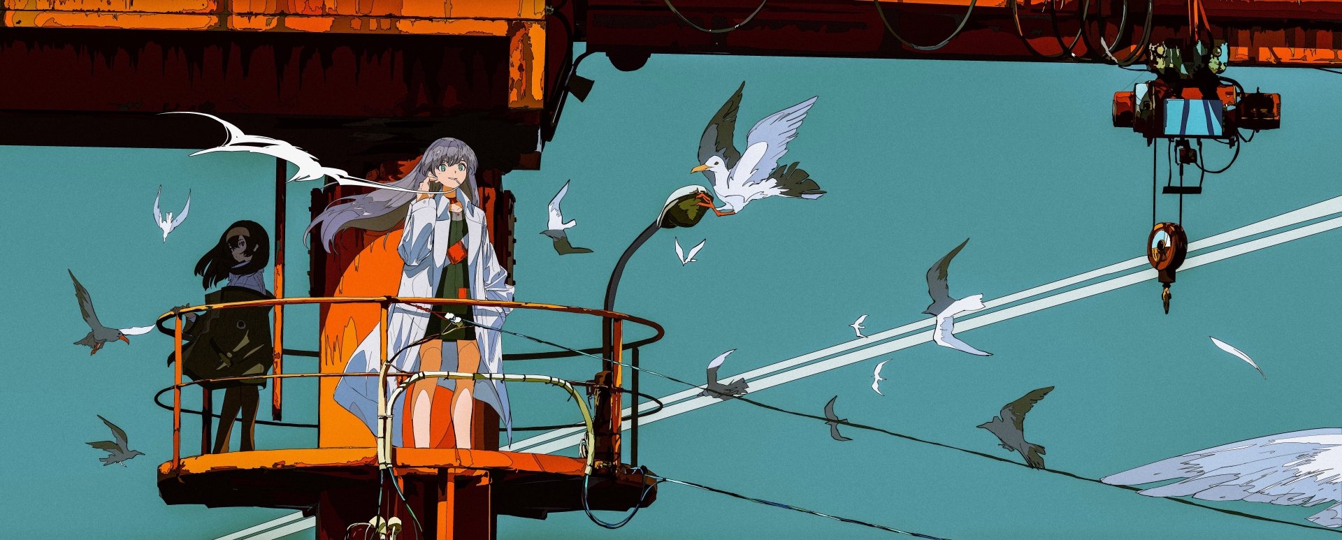 Anime-style 4K Ultra HD wallpaper featuring a smiling character with long purple hair and green eyes standing on an orange structure, surrounded by flying birds.