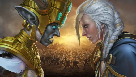 World of Warcraft: Battle for Azeroth HD PC desktop wallpaper — two warriors, an armored troll with glowing eyes and a braided human paladin face off over a vast battlefield at sunset.