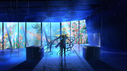 HD anime desktop wallpaper featuring Hatsune Miku in a dark room illuminated by a large aquarium, combining vibrant aquatic life with Vocaloid aesthetics.