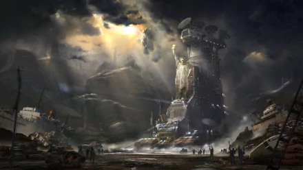 A post-apocalyptic scene featuring the Statue of Liberty adorned with antennas, set against a dramatic sky. The landscape includes wreckage and a sense of desolation, evoking a sci-fi atmosphere.