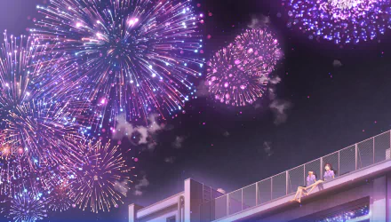 Anime-style HD desktop wallpaper featuring two characters with short and long brown hair watching vibrant purple fireworks in the night sky from a rooftop.