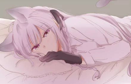 HD PC wallpaper of Kyōko Kirigiri (Danganronpa anime) reclining on a pillow in pastel tones, lavender hair, gloved hand near her face.