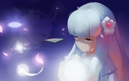 InuYasha 2K desktop wallpaper: Kanna with glowing orb, floating mirror and falling petals in a purple-hued Kagura-themed anime scene.