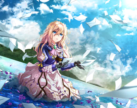 Violet Evergarden anime character stands amidst floating letters under a bright blue sky in this HD PC desktop wallpaper and background.