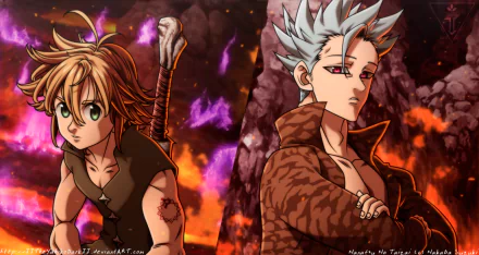 HD desktop wallpaper featuring Meliodas and Ban from The Seven Deadly Sins. Meliodas has blonde hair and green eyes, while Ban has white hair and red eyes. The fiery and vivid background enhances their dynamic poses.