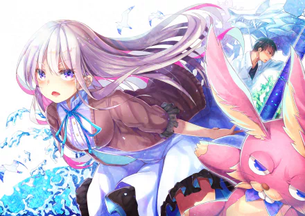 HD anime-style original desktop wallpaper featuring a girl with long silver hair, vibrant eyes, and a large pink creature with bunny ears in a dynamic, colorful scene.