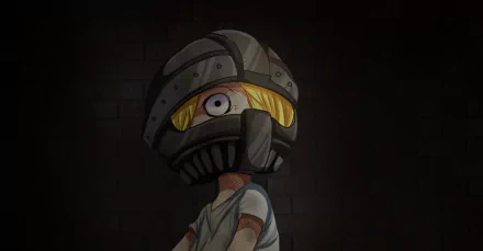 HD anime desktop wallpaper featuring Sanji from One Piece wearing a dark, medieval-style helmet against a dimly lit brick wall background.