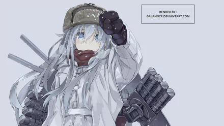 Hibiki (Kancolle) — anime Kantai Collection 2K Quad HD PC desktop wallpaper: winter-clad Hibiki saluting, outfitted with ship armaments on a pale blue background.