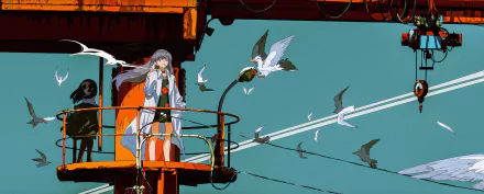 Anime-style 4K Ultra HD wallpaper featuring a smiling character with long purple hair and green eyes standing on an orange structure, surrounded by flying birds.