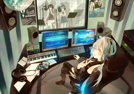 HD wallpaper featuring Stardust, Yuezheng Ling, and Luo Tianyi from Vocaloid in an anime-inspired recording studio with various audio equipment and screens.