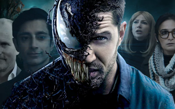 HD desktop wallpaper featuring Venom and Tom Hardy with supporting characters in the background.