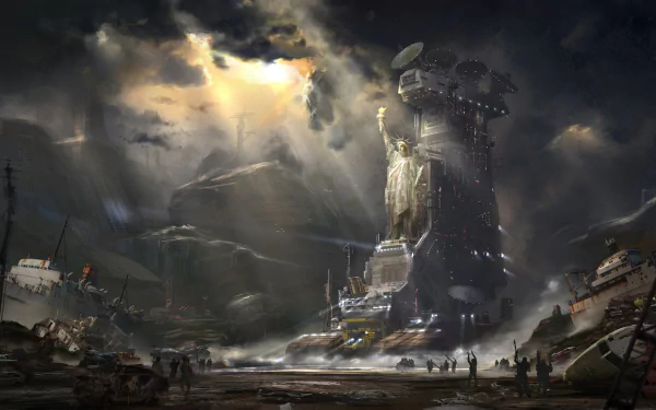 A post-apocalyptic scene featuring the Statue of Liberty adorned with antennas, set against a dramatic sky. The landscape includes wreckage and a sense of desolation, evoking a sci-fi atmosphere.