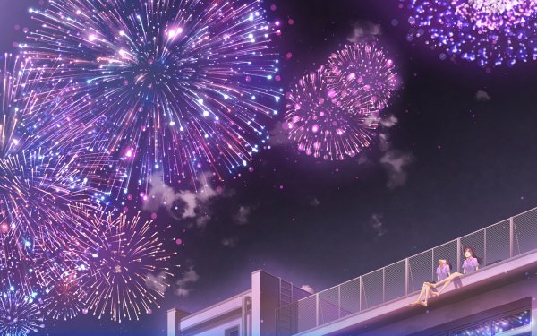 Anime Original Long Hair Brown Hair Fireworks Short Hair HD Wallpaper | Background Image