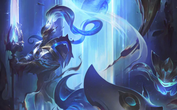 Xin Zhao from League of Legends depicted in a dynamic, glowing battle stance, featured in an 8K Ultra HD video game desktop wallpaper.