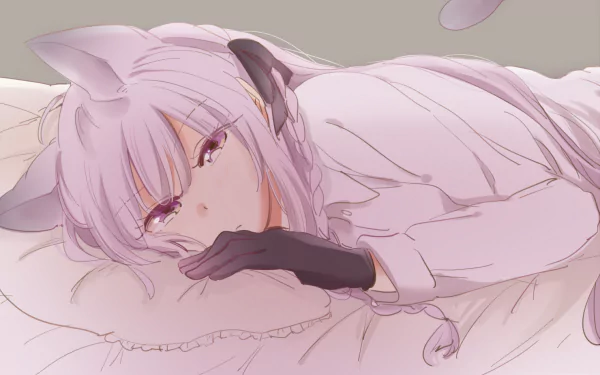 HD PC wallpaper of Kyōko Kirigiri (Danganronpa anime) reclining on a pillow in pastel tones, lavender hair, gloved hand near her face.