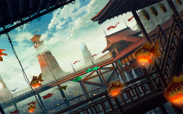 A stunning anime-inspired cityscape wallpaper featuring vibrant goldfish swimming through the air, under a dynamic sky filled with clouds and traditional architecture.