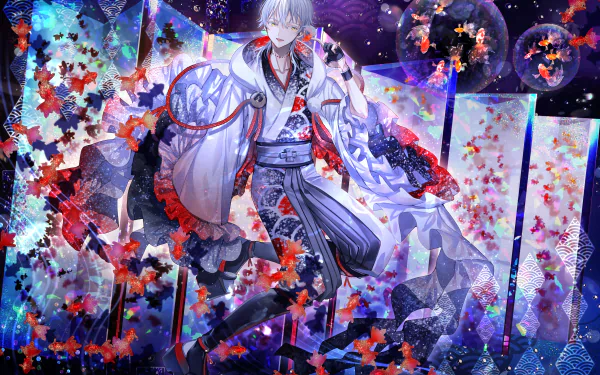 HD anime desktop wallpaper featuring Tsurumaru Kuninaga from Touken Ranbu, surrounded by vibrant petals and glowing effects in a dynamic, colorful scene.