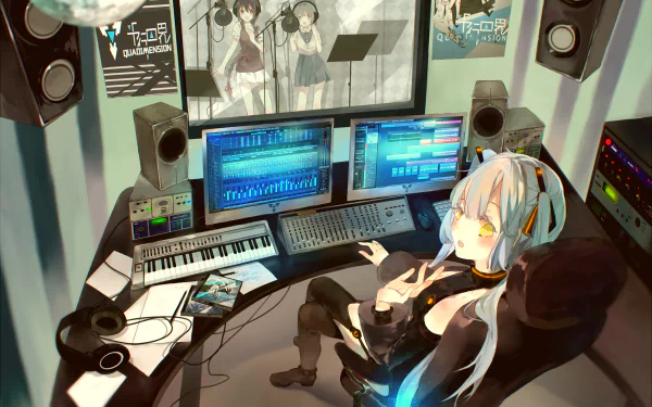 HD wallpaper featuring Stardust, Yuezheng Ling, and Luo Tianyi from Vocaloid in an anime-inspired recording studio with various audio equipment and screens.