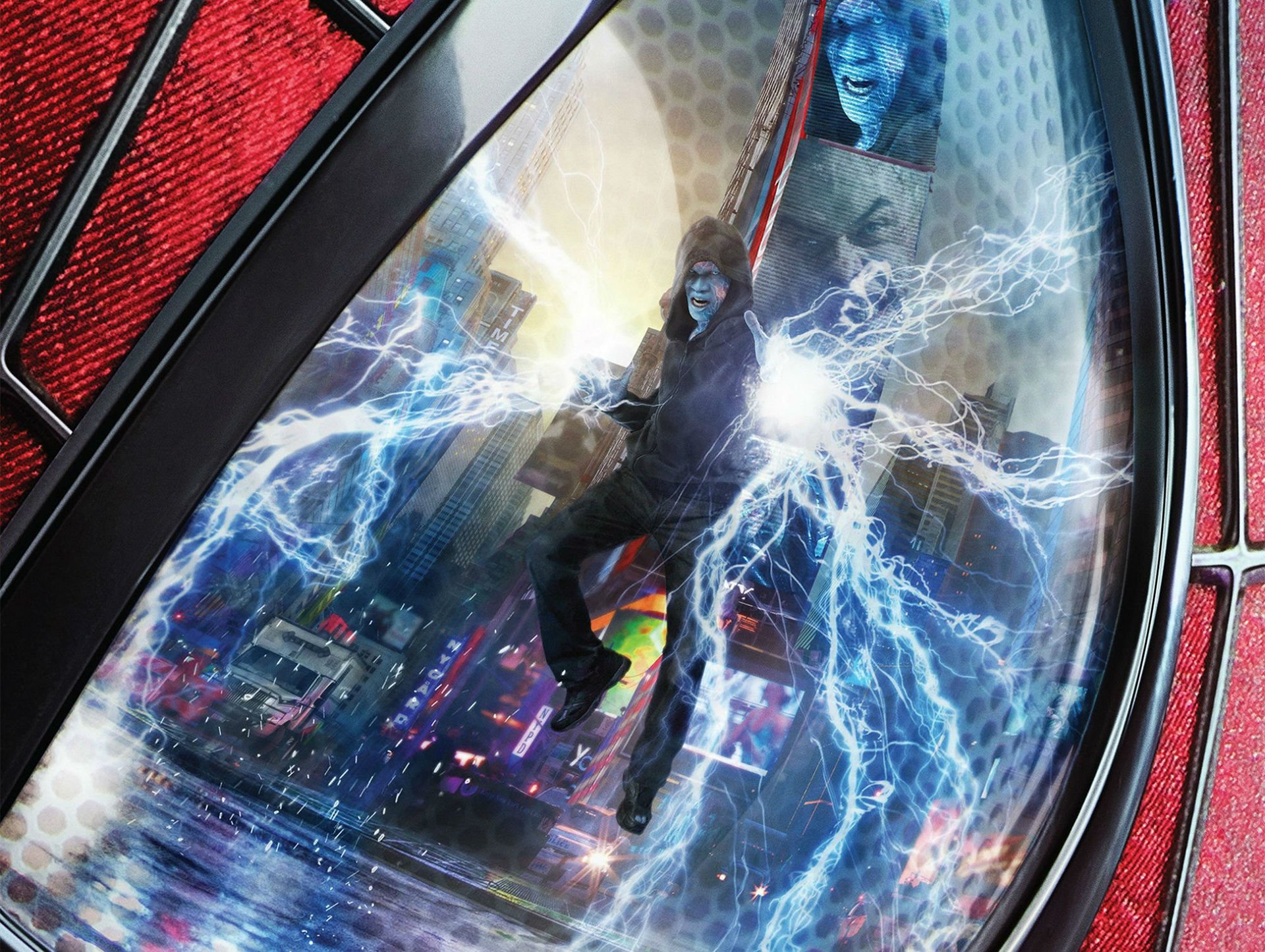 HD PC wallpaper: Electro firing blue lightning at Spider-Man, reflected in a webbed mask with a neon city skyline — The Amazing Spider-Man 2
