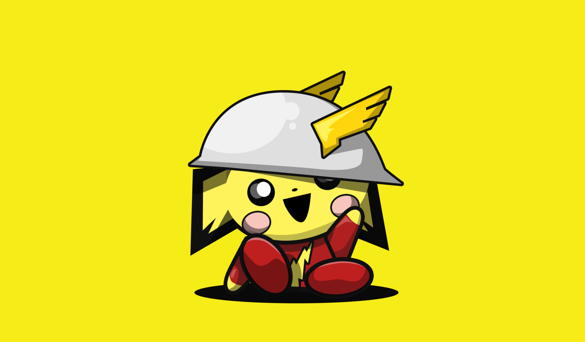 Anime-style Pichu (Pokémon) wearing Jay Garrick Flash winged helmet, grinning on a bold yellow 4K Ultra HD PC desktop wallpaper background.