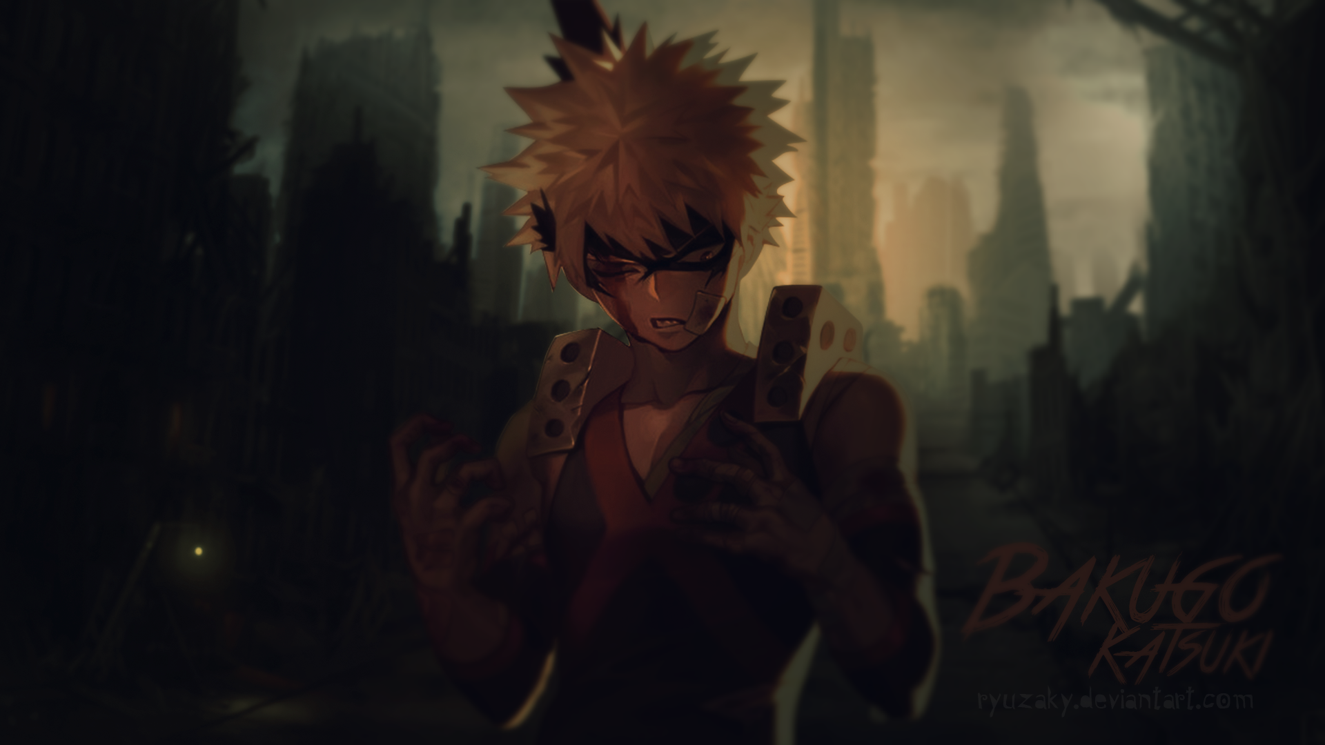 HD PC desktop wallpaper featuring Katsuki Bakugou from My Hero Academia amidst a dark, urban backdrop with intense shadows and a moody atmosphere.