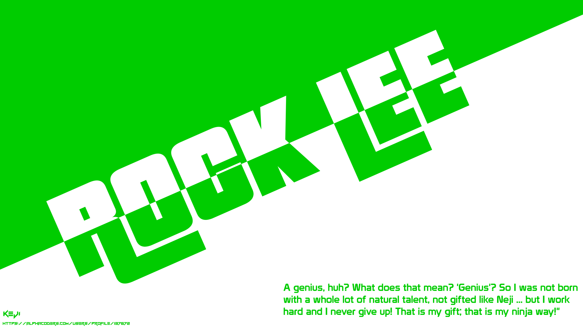 8K Ultra HD PC desktop wallpaper with bold green-and-white diagonal design, giant tilted 'ROCK LEE' text and small quote lines — Naruto anime Rock Lee themed background.
