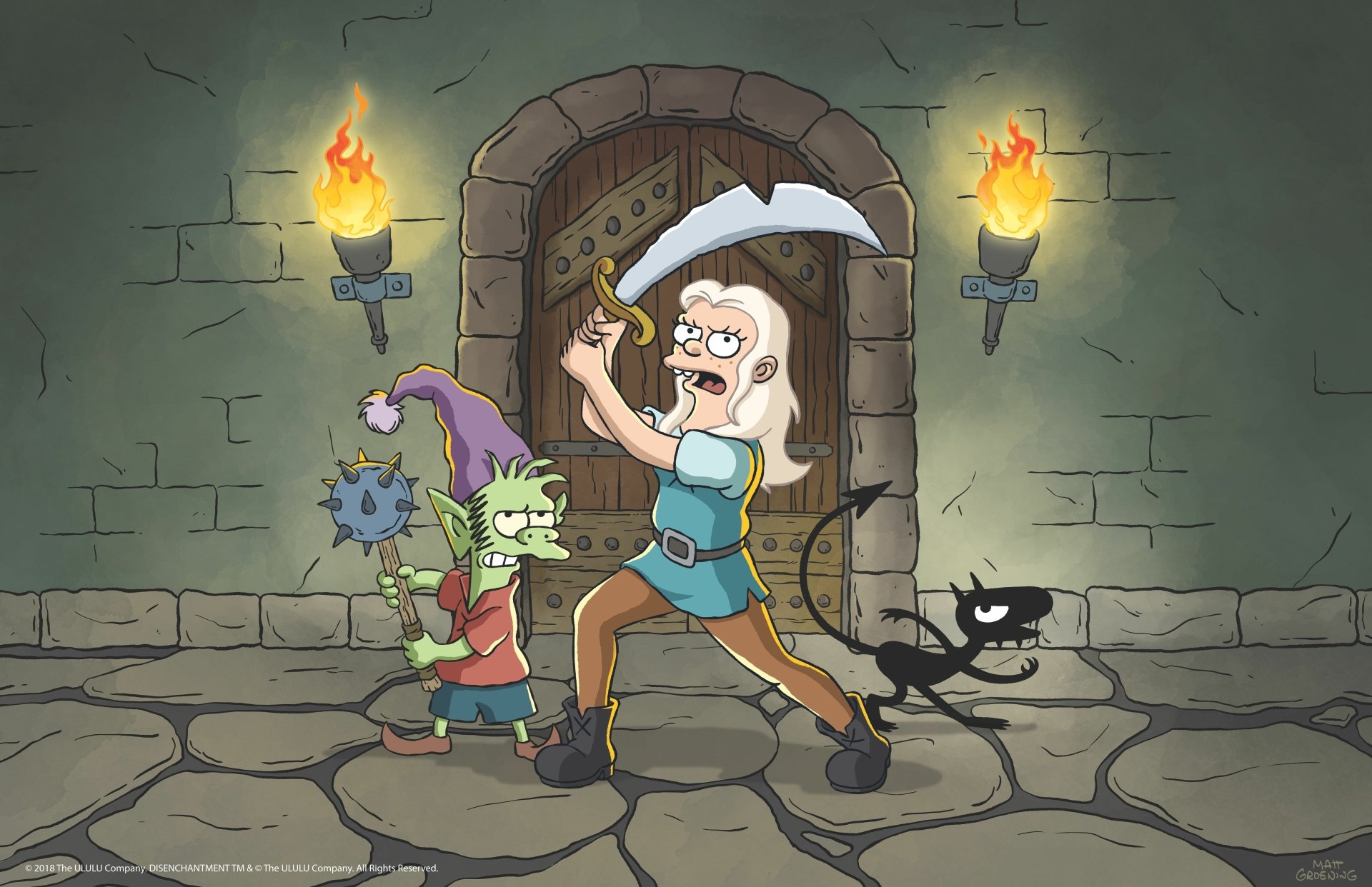 5K Ultra HD PC wallpaper of Bean swinging an umbrella-sword in a torchlit dungeon, flanked by Elfo with a mace and the demon Luci — characters from the TV show Disenchantment.