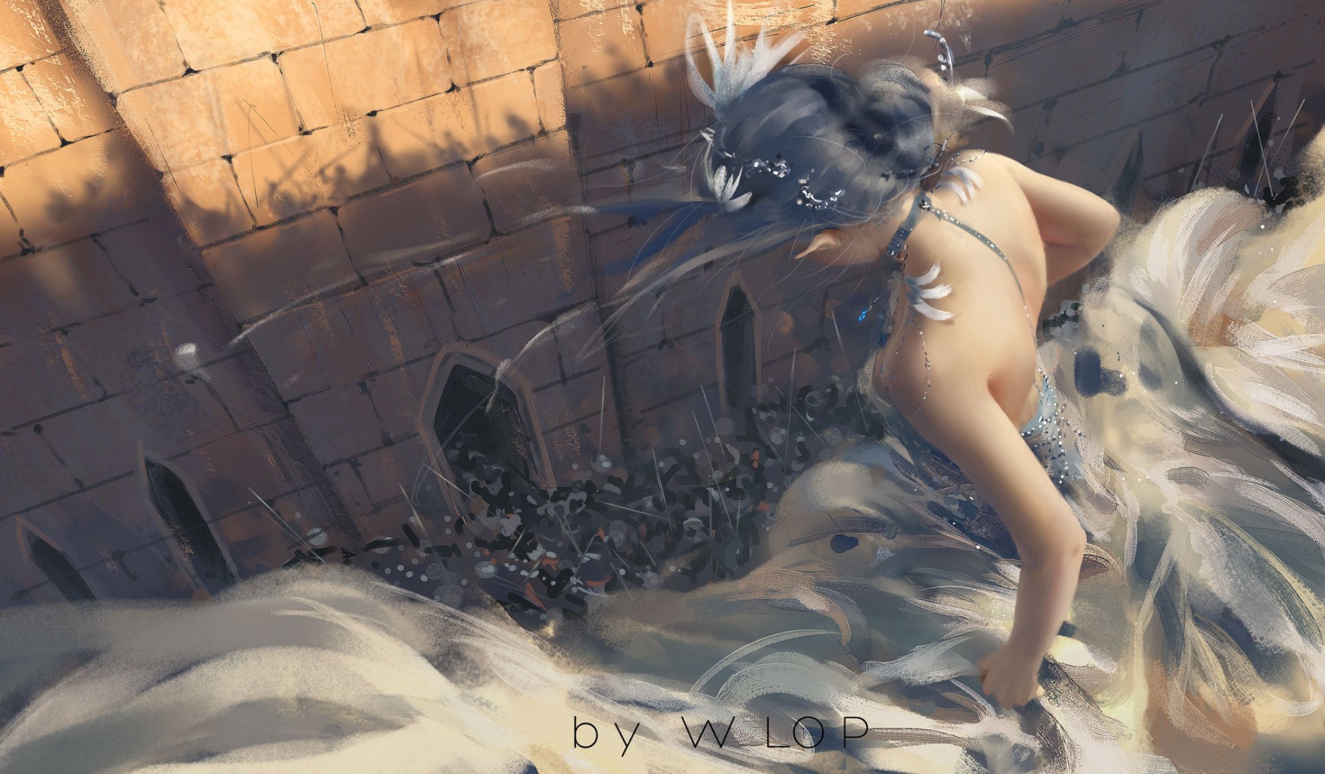 A high-definition wallpaper depicting an elf warrior in a flowing outfit, standing near a stone wall. The artwork is from the GhostBlade comic series by WLOP.
