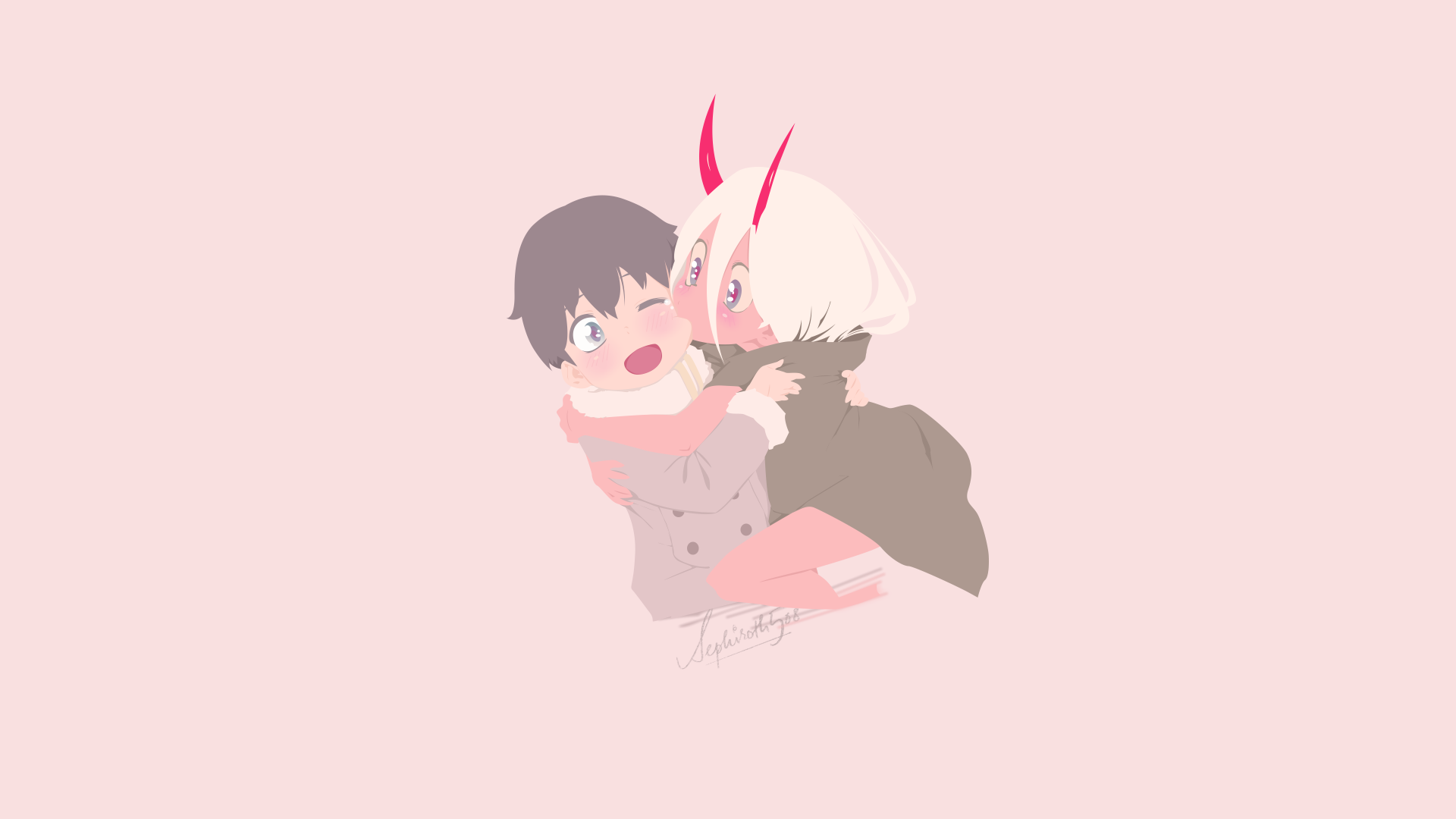 4K Ultra HD anime desktop wallpaper featuring Hiro and Zero Two from Darling in the FranXX in a soft pastel style.