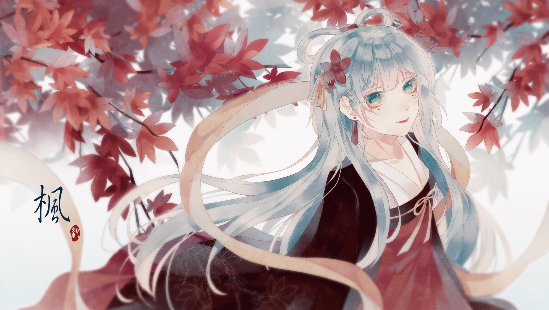 HD desktop wallpaper featuring Luo Tianyi, a character from Anime and Vocaloid, adorned in a traditional outfit with a backdrop of vibrant autumn leaves.