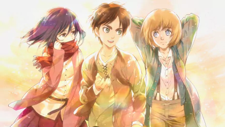 HD desktop wallpaper featuring anime characters Armin Arlert, Mikasa Ackerman, and Eren Yeager from Attack on Titan. Mikasa has a scarf, Eren has brown hair, and Armin has blue eyes and blonde hair.