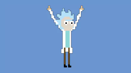 Pixel art of Rick Sanchez from the TV show Rick and Morty, set against a solid blue background as an HD PC desktop wallpaper.