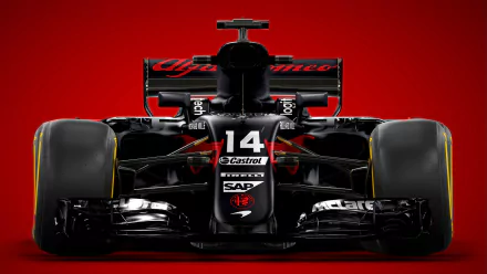 A striking 4K Ultra HD F1 sports wallpaper featuring a sleek Alfa Romeo Formula 1 car with number 14 against a bold red background.