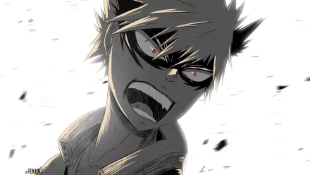 Katsuki Bakugou (My Hero Academia) snarling with red eyes and spiky hair in a high-contrast monochrome 4K Ultra HD anime PC desktop wallpaper.
