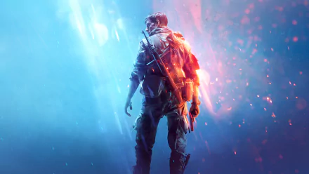 HD desktop wallpaper of Battlefield V, featuring a soldier with a weapon against a vibrant backdrop of blue and red hues, creating a dynamic and intense atmosphere.