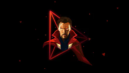 HD PC desktop wallpaper featuring a comic-style Doctor Strange with glowing eyes and mystical red geometric shapes against a black background.